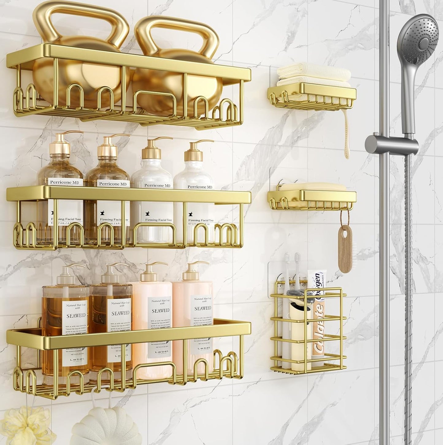 Shower Caddy 6-Pack, No Drilling Adhesive Shelves, Rack with Soap Holder,  Organizers and Storage