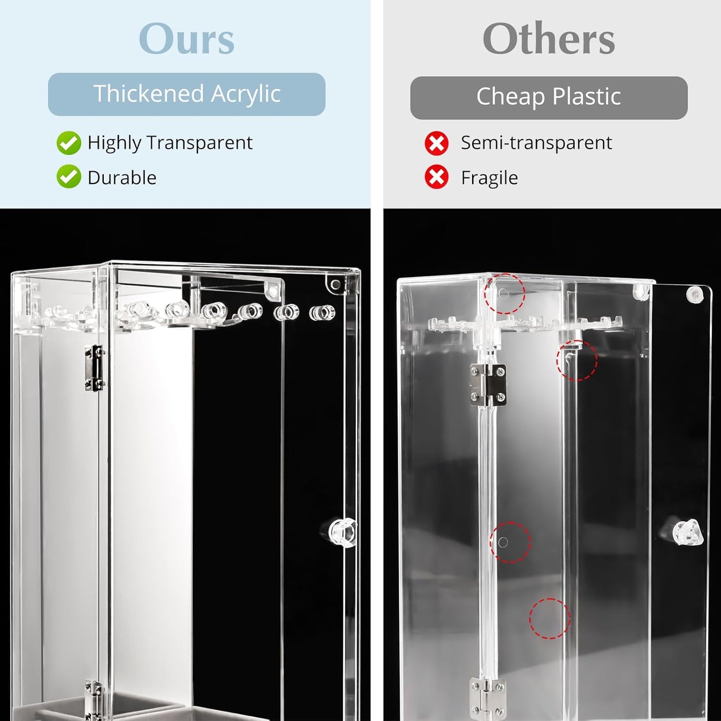 Acrylic Jewelry Organizer with 24 Hooks, Rotating Clear Necklaces Display Box with Built-in Mirror