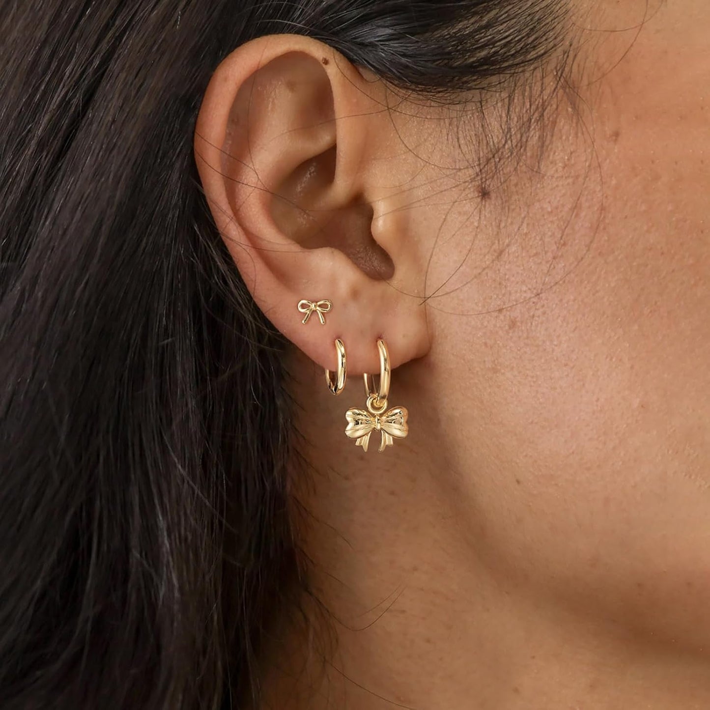 3 Pairs Small Gold Hoop Earring, 14K Gold Plated Earring Stacks Butterfly Heart Star Moon Bow Four Leaf Rhombus Round CZ Pearl