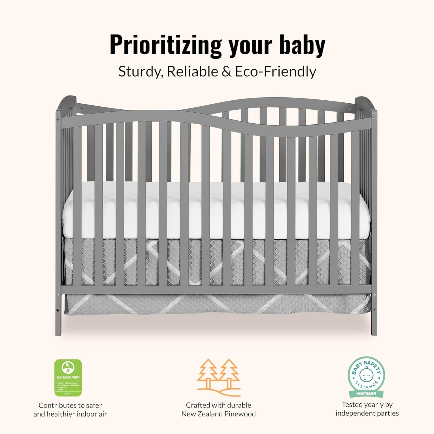 5-in-1 Convertible Full-Size Baby Crib in, Pinewood, 4 Mattress Heights, Converts to Toddler, Day & Full-Size Bed