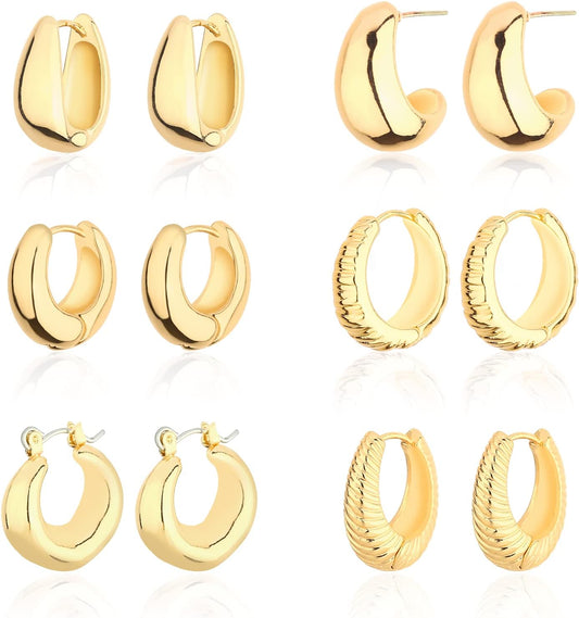 Chunky Hoop Earrings Set 14K Gold Hoop Earrings for Women Hypoallergenic, Thick Hoops Earring set, Twist Huggie Hoop Earring