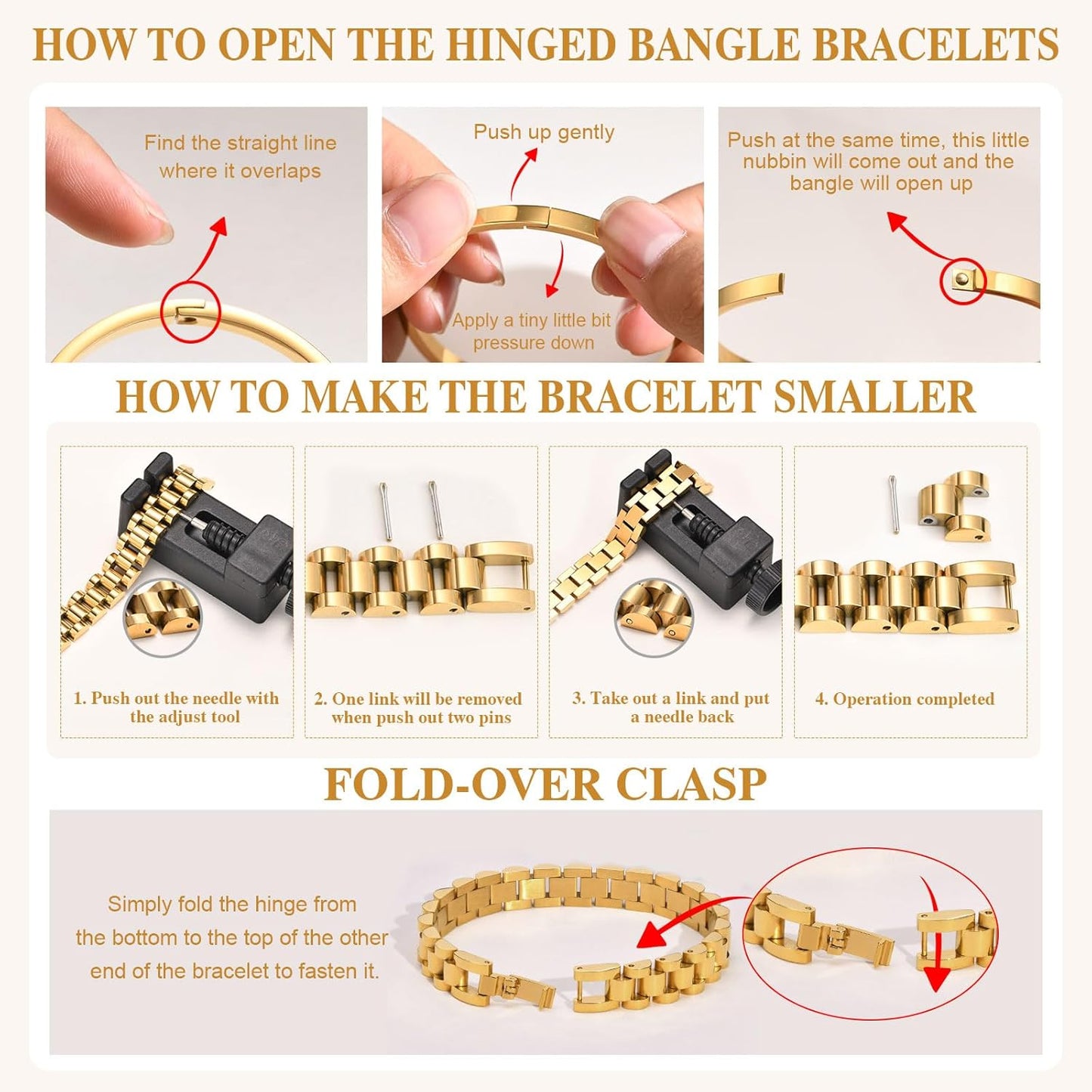 2pcs Gold Chain Link Bracelet, Stainless Steel Crystal Friendship Bracelets Bangle,Watch Band Chains Wristband