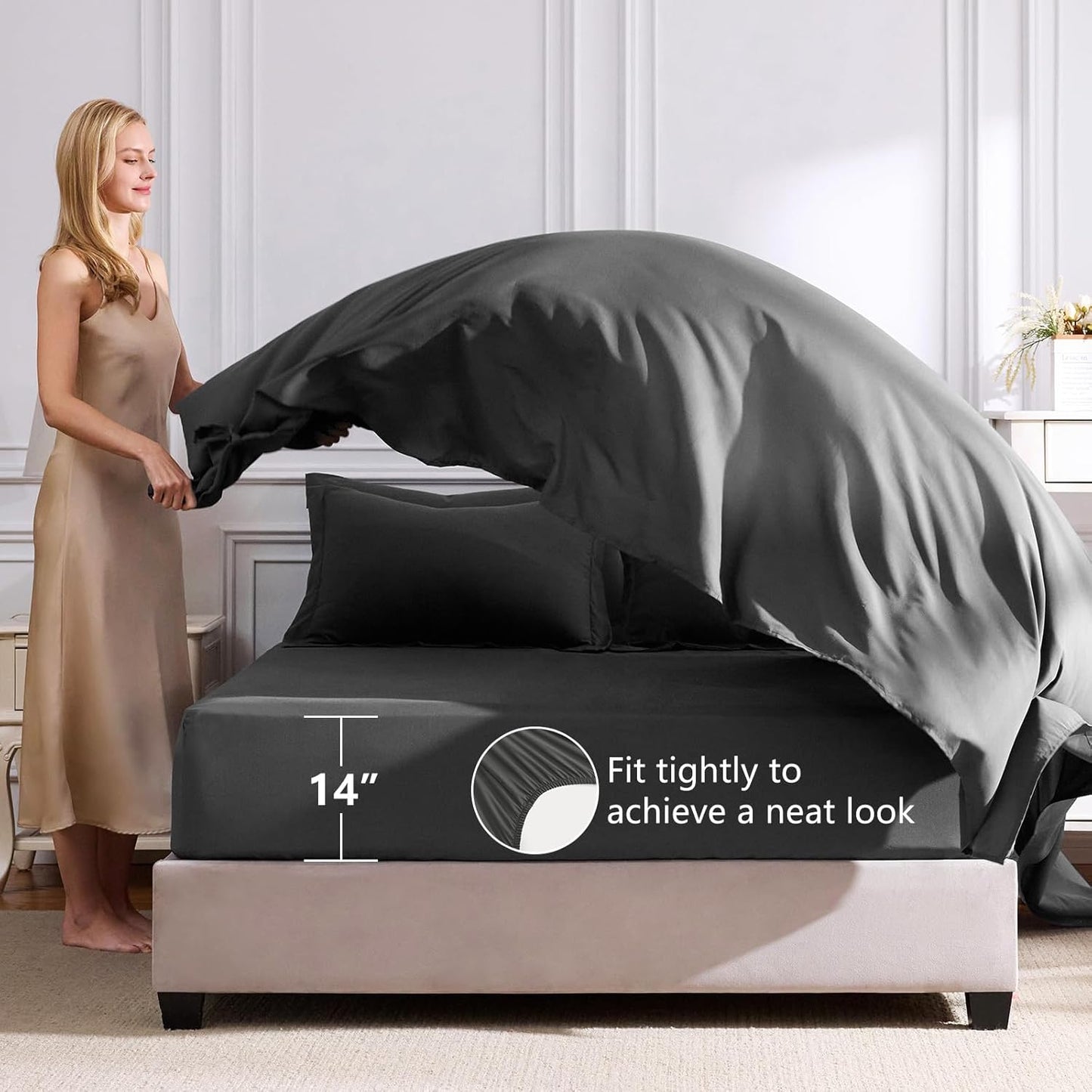 Queen Comforter Set Dark Grey - Bed in a Bag Queen Size 7 count, Luxury Soft Bed Set , Bedding Set with