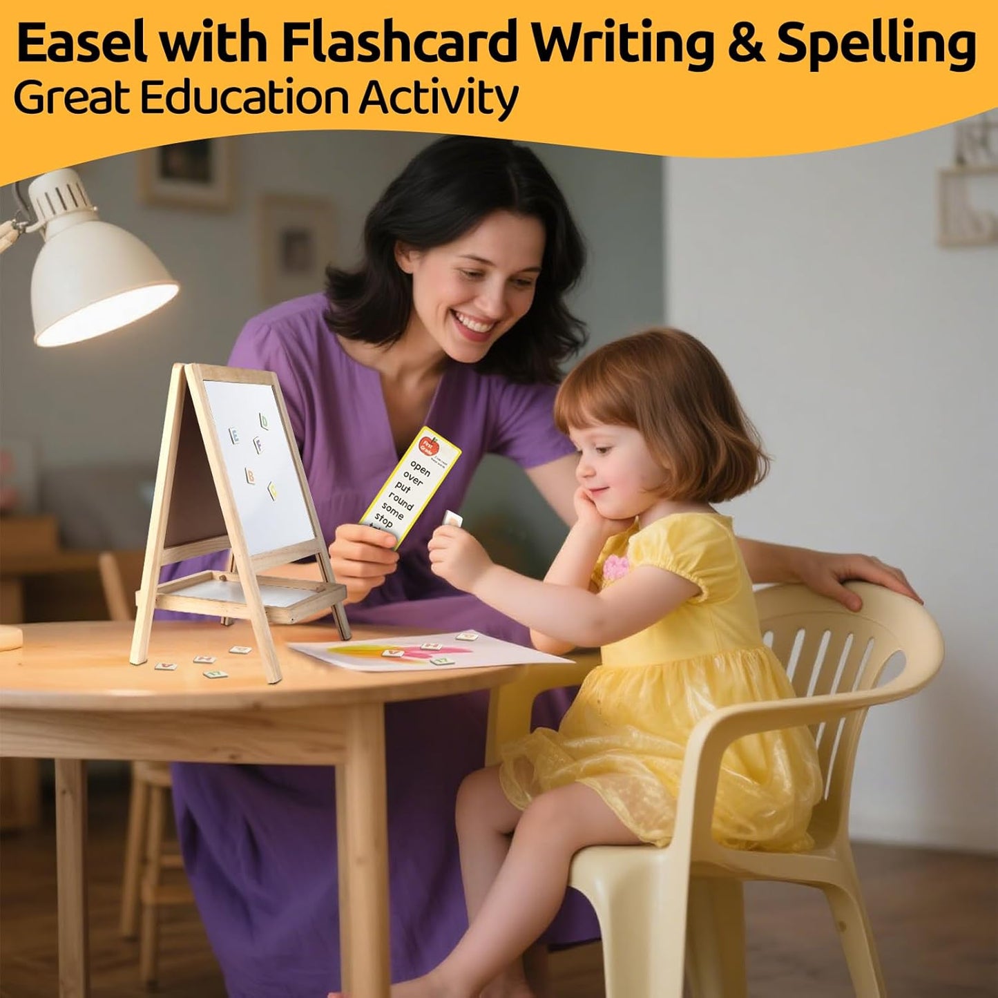 OMOMMD Tabletop Wooden Art Painting Easel for Kids 2-4, Chalkboard & Double-Sided Drawing Whiteboard for Toddlers, 4-in-1 Desk Easel with Magnetic Letters/Numbers & Flashcards Markers, Eraser