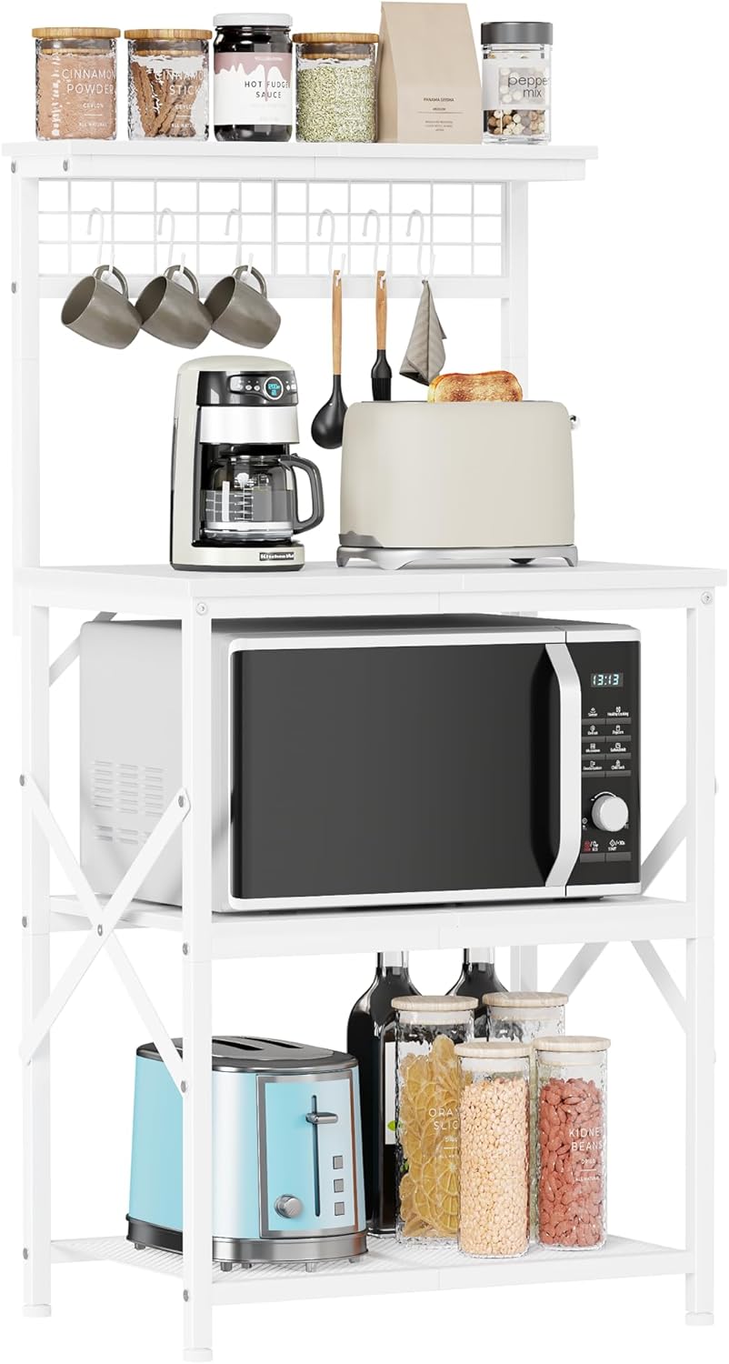 Bakers Rack, Microwave Stand with Storage 4 Tiers, Coffee Bar Station with 6 S Hooks and Pegboard