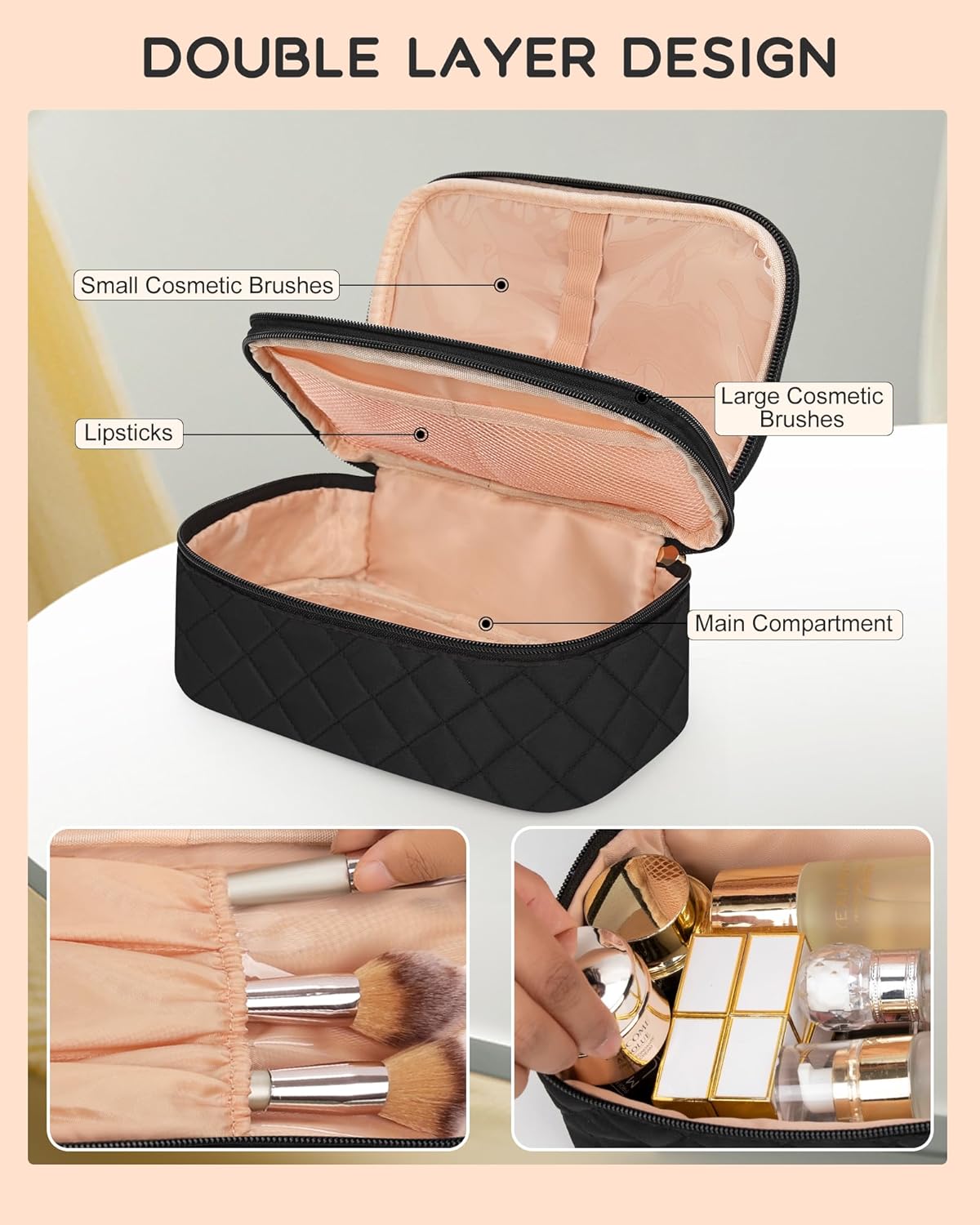 Small Makeup Bag for Women, Travel Cosmetic Bag, 2 Layers Waterproof Makeup Organizer Storage