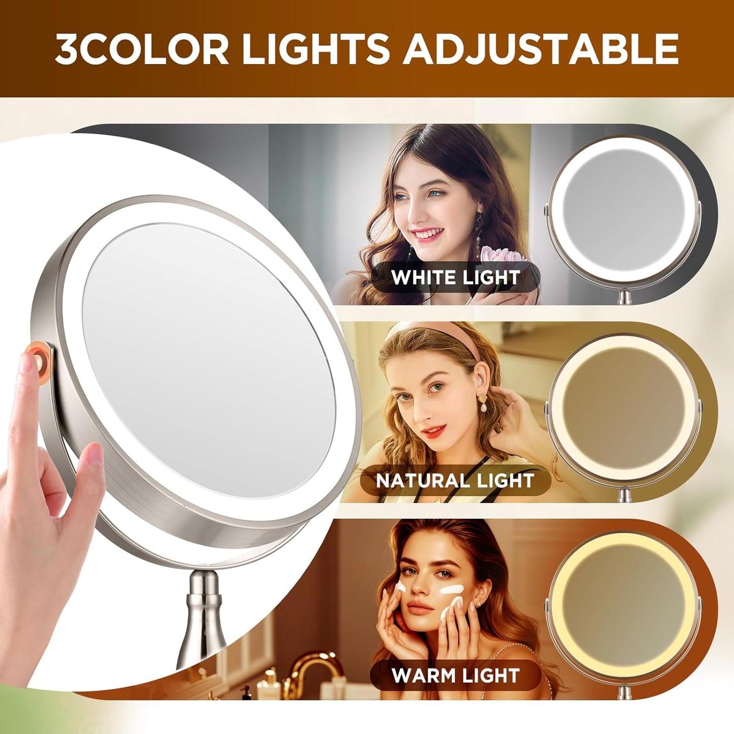 Makeup Mirror, 30x Magnifying Mirror with 3 Lights Colors,  Style Side Touch + Side Charge