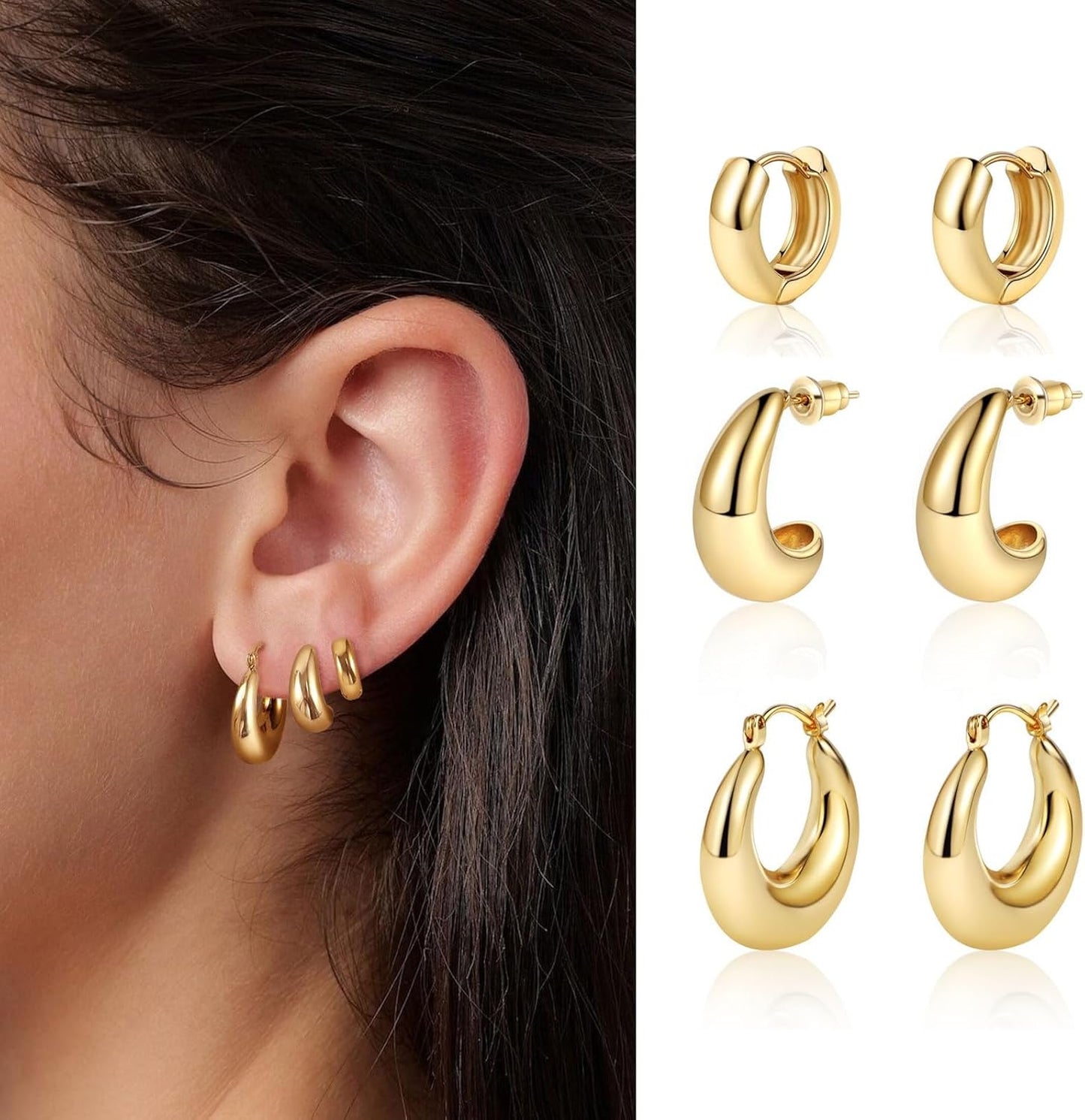 Gold Chunky Hoop Earrings Set for Women, 14K Gold Plated Twisted Huggie Hoop Earring Thick Open Lightweight Chunky Hoop