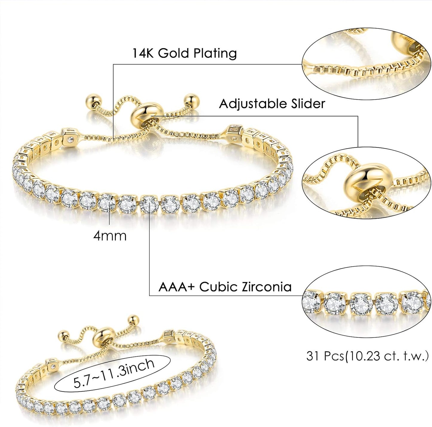 Tennis Bracelets for Women White Gold Plated Diamond AAA+ Cubic Zirconia CZ Dainty Classic Adjustable Slider