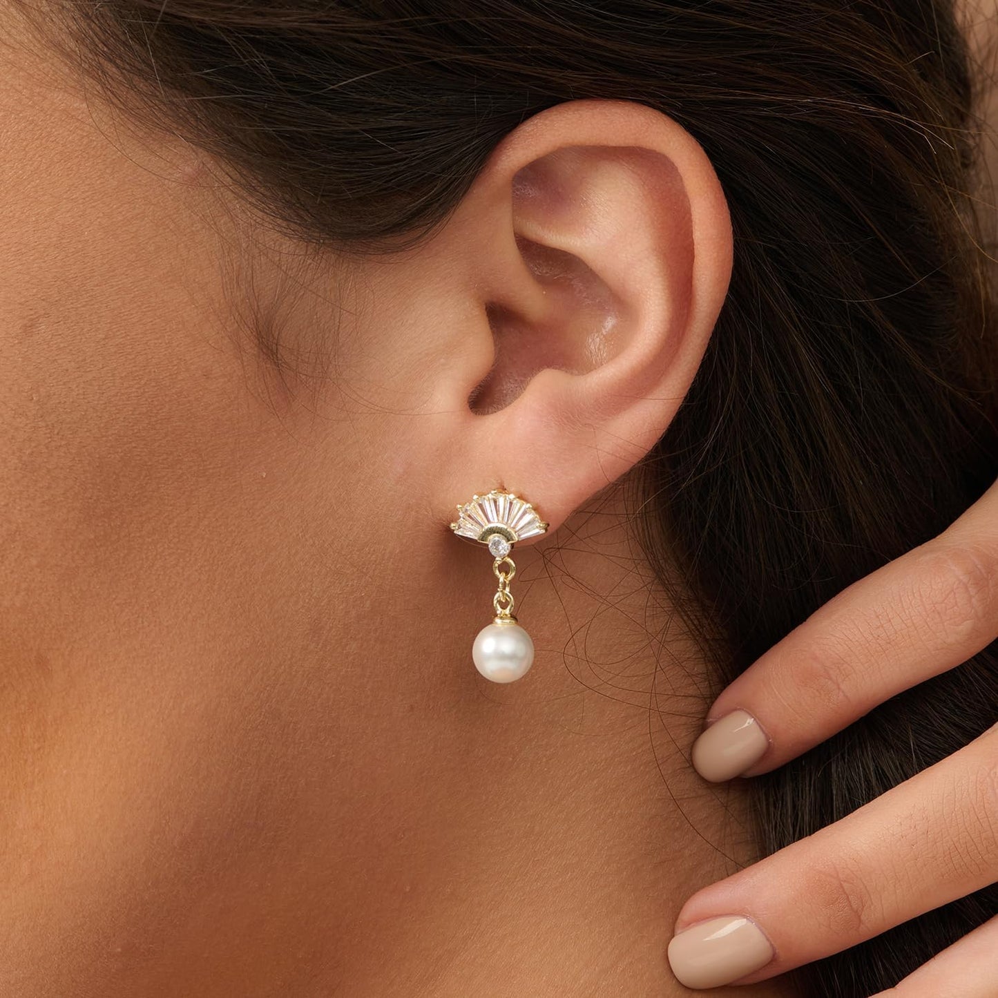 Pearl Earrings: 14k Gold-plated Cubic Zirconia Accented Pearl Drop Dangle Wedding Engagement Earrings For Women Bridal Bridesmaid