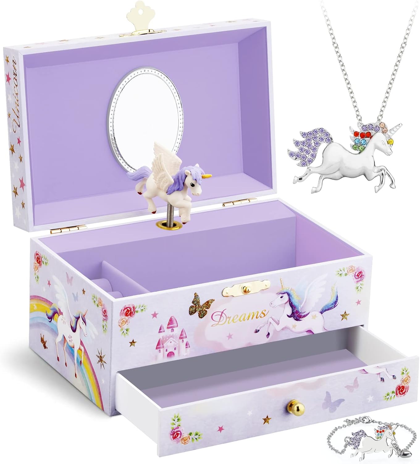 Kids Musical Jewelry Box for Girls with Drawer and Jewelry Set with Ballerina Theme