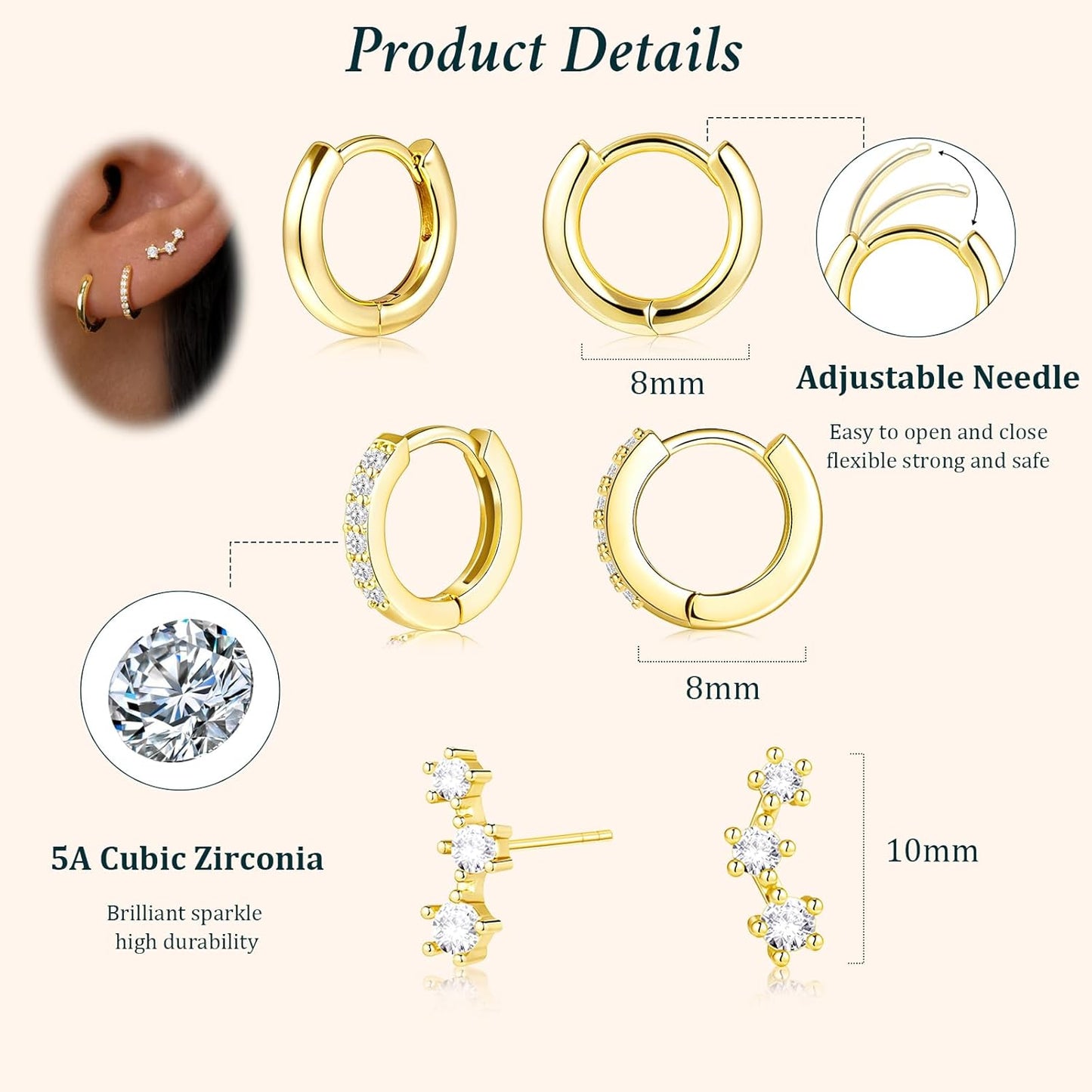 Small Sterling Silver Huggie Hoop Earrings Set for Women, 14K Gold Plated Hoops Stacks for Multiple Piercings