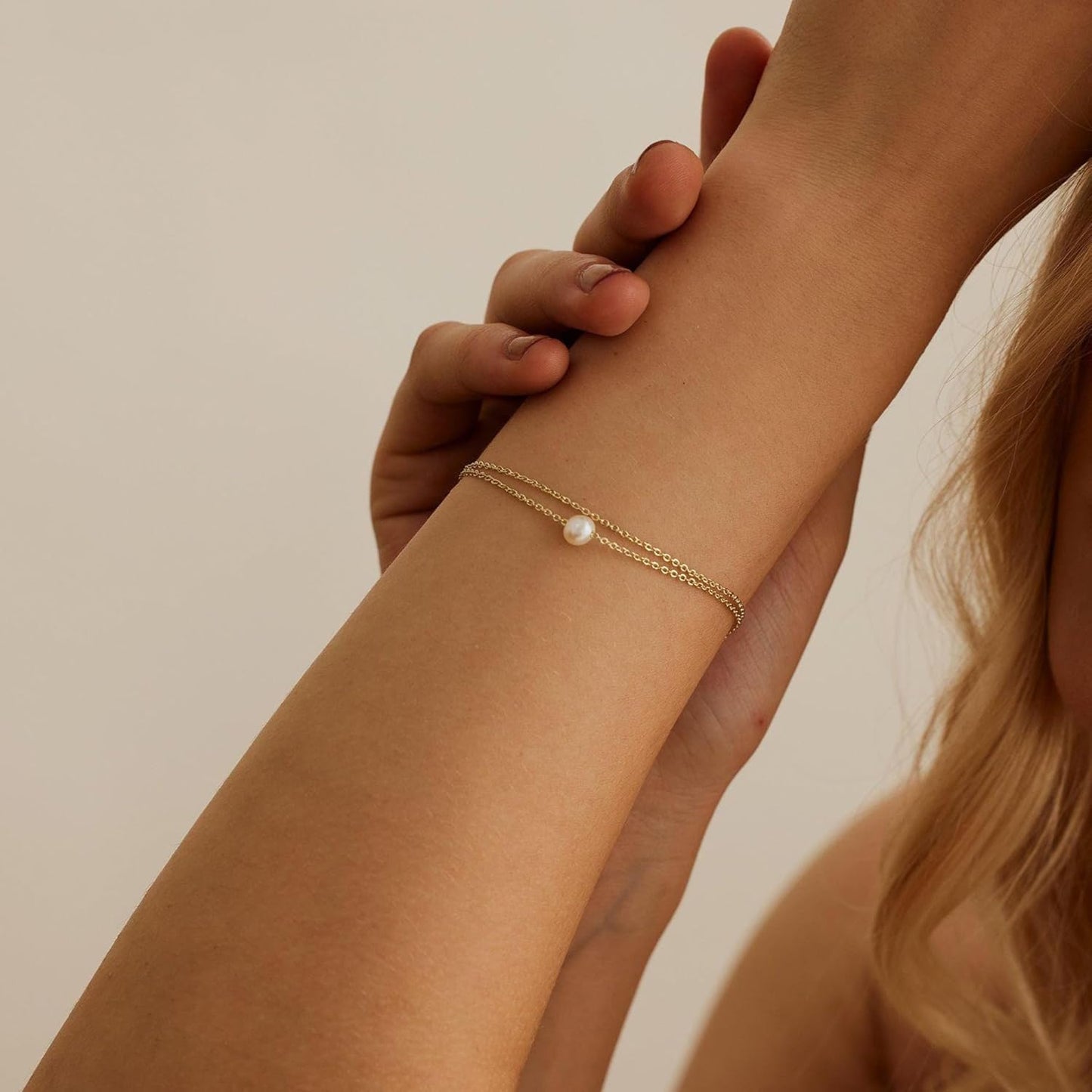 Gold Bracelets for Women Trendy, 14K Real Gold Plated Dainty Stackable Pearl Snake Chain CZ Heart Pendant Bracelets Adjustable 6"+2"