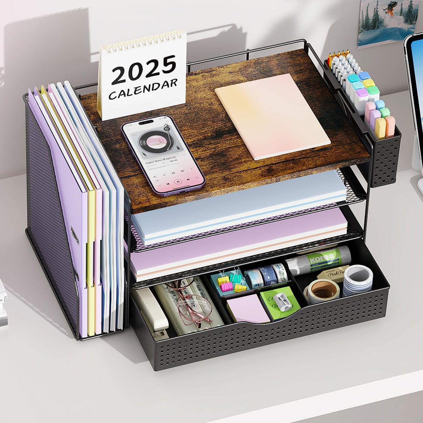 OMOMMD Wood Desk Organizers and Accessories with File Holder, 4-Tier Desk Accessories & Workspace Organizers with Drawer and Pen Holder, Paper Organizer for Office Supplies (Wood)