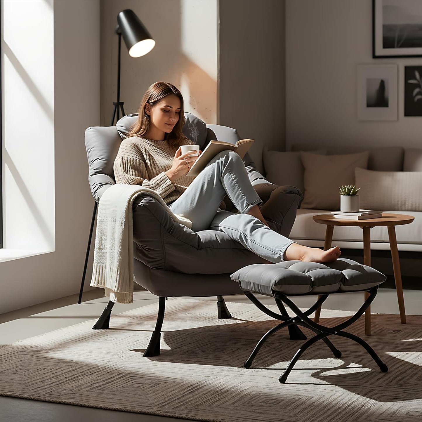 Lazy Lounge Chair with Ottoman and Side Pocket - Modern Accent Armchair with Armrests, Reading and Space Relaxation