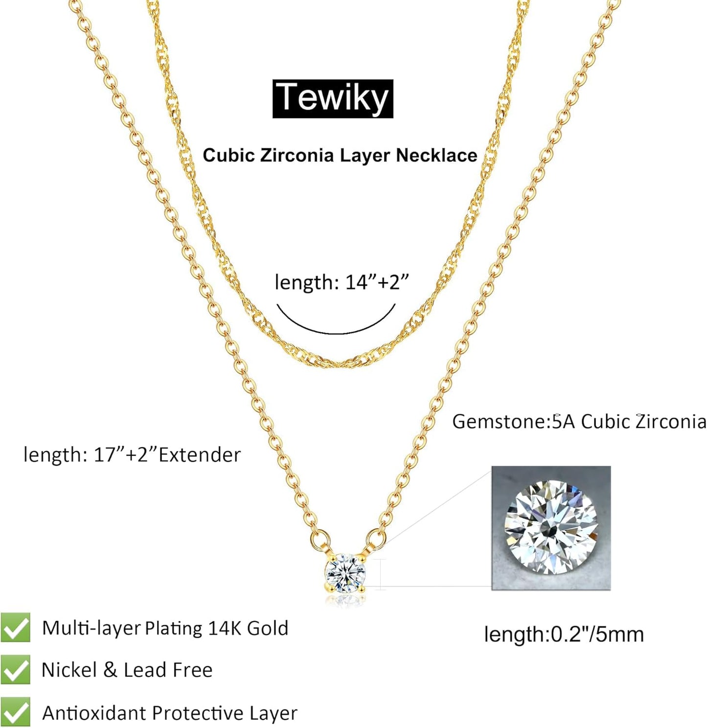 "TEWIKY DIAMOND NECKLACES FOR WOMEN - 14K GOLD/STERLING SILVER CHOKER, DAINTY GOLD PLATED CZ JEWELRY, TRENDY GIFT"
