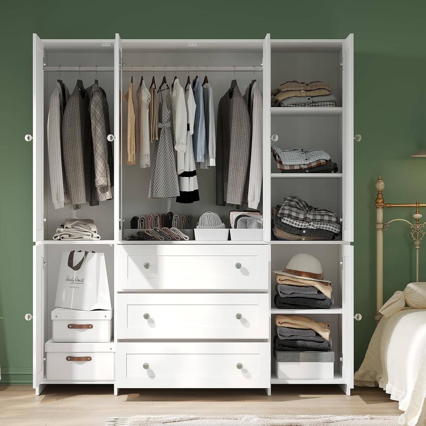 Armoire Wardrobe Closet with Drawers and Mirror, 71" Clothing Storage Cabinet with Hanging Rod, 6 Doors Wooden Wardrobe Cabinet for Bedroom, Large Capacity Storage
