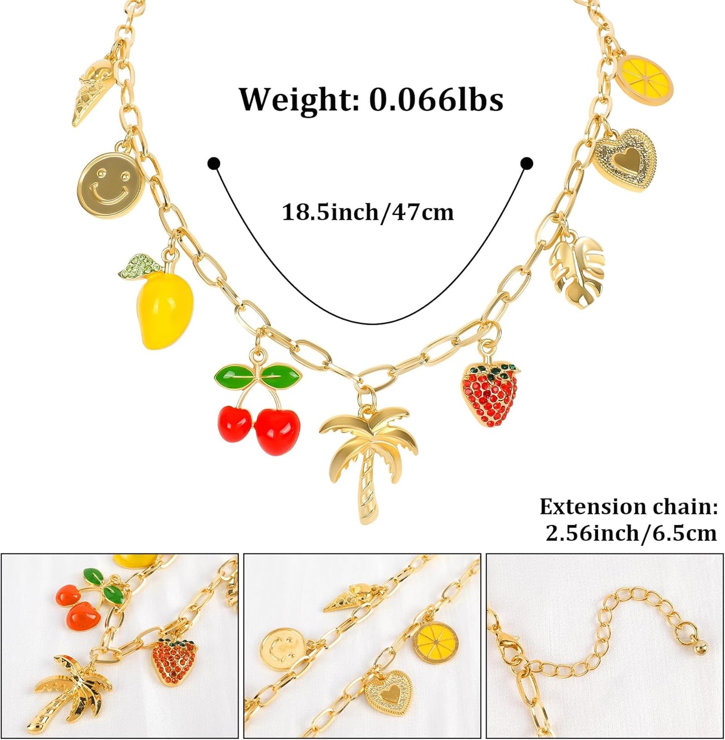 Gold Charm Necklace for Women Hawaii Style Necklace with Cute Dangle Coconut Tree Cherry Lemon Mango Strawberry Heart Fruit Bow Pendant Y2K Summer