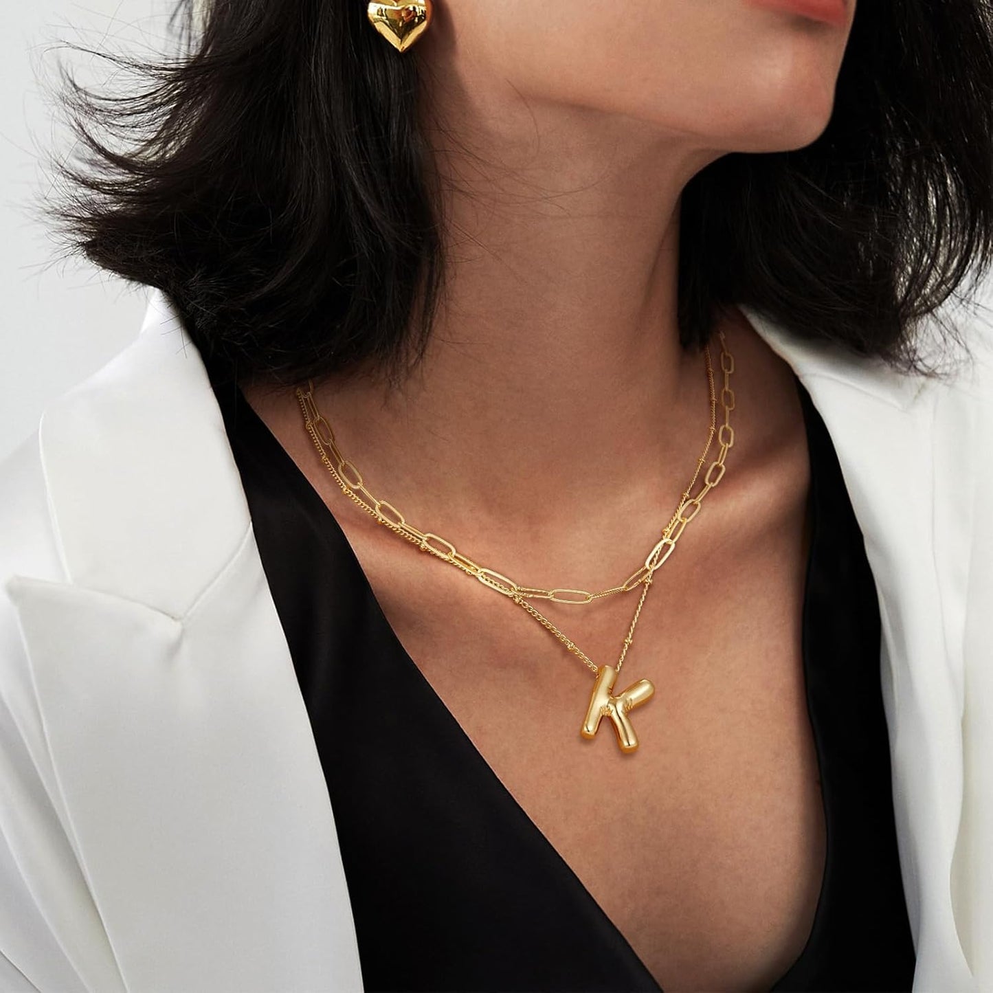Letter Necklace With Balloon Pendant, 14K Gold Plated Double Chain Jewelry, Personalized Initial Necklace Gift for Women