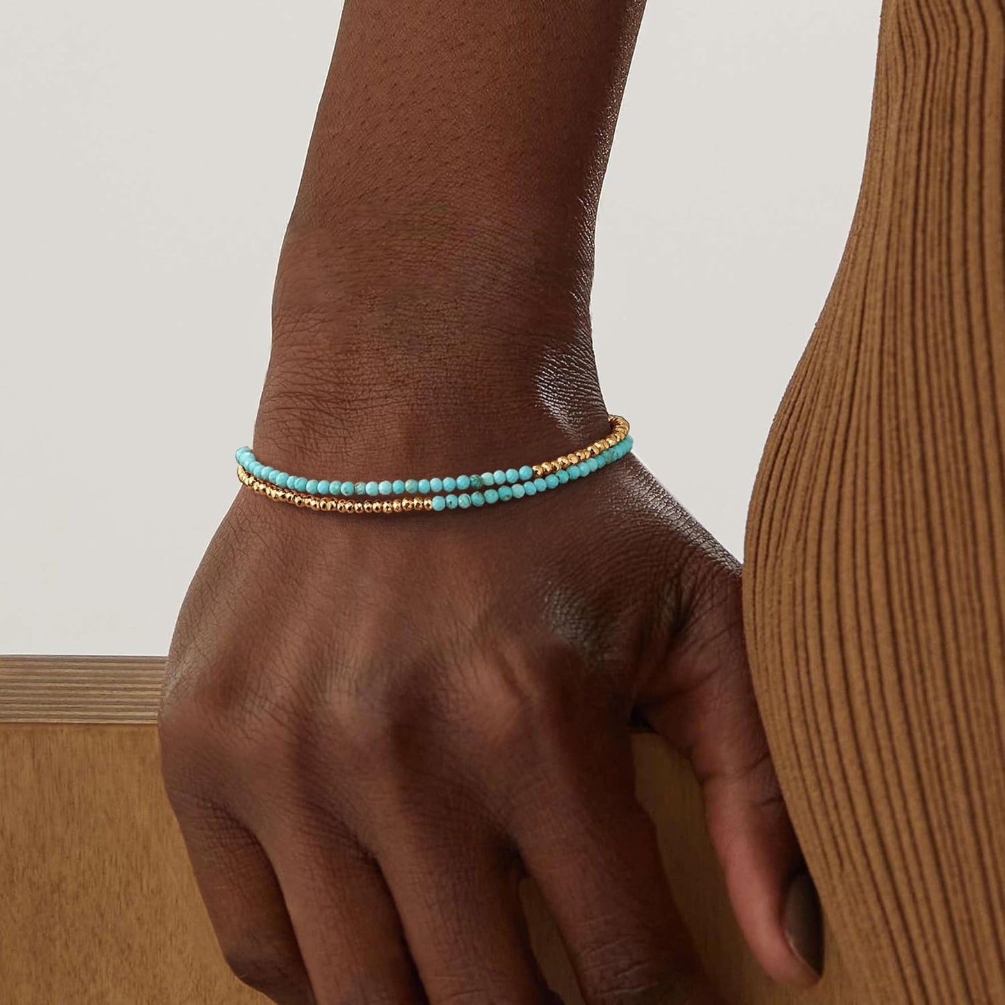 Women Beaded Bracelet Gold Double Layer Gemstone 14K Simple Dainty Handmade Chain Everyday Boho Beach Jewelry