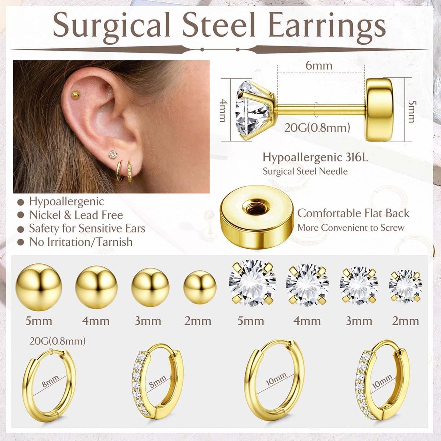 Jstyle Surgical Steel Earrings for Sensitive Ears 14K Gold Flat Back Earrings for Women Men Small Stainless Steel Earrings