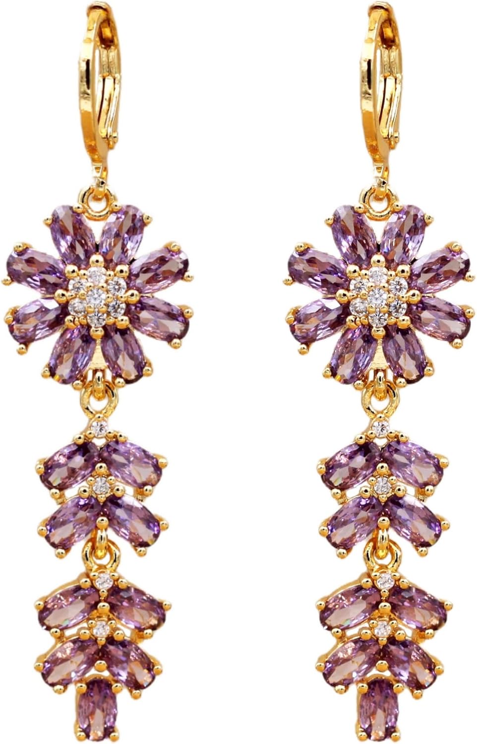Vuskdtei18K Gold Plated Flower Dangle Earrings for Women, Hypoallergenic Cubic Zirconia Earrings, Elegant Chandelier Drop Earrings