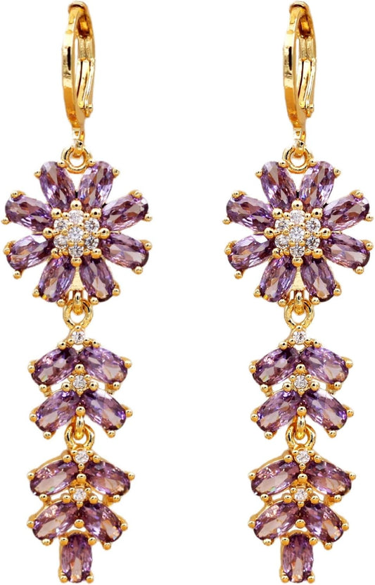 Vuskdtei18K Gold Plated Flower Dangle Earrings for Women, Hypoallergenic Cubic Zirconia Earrings, Elegant Chandelier Drop Earrings