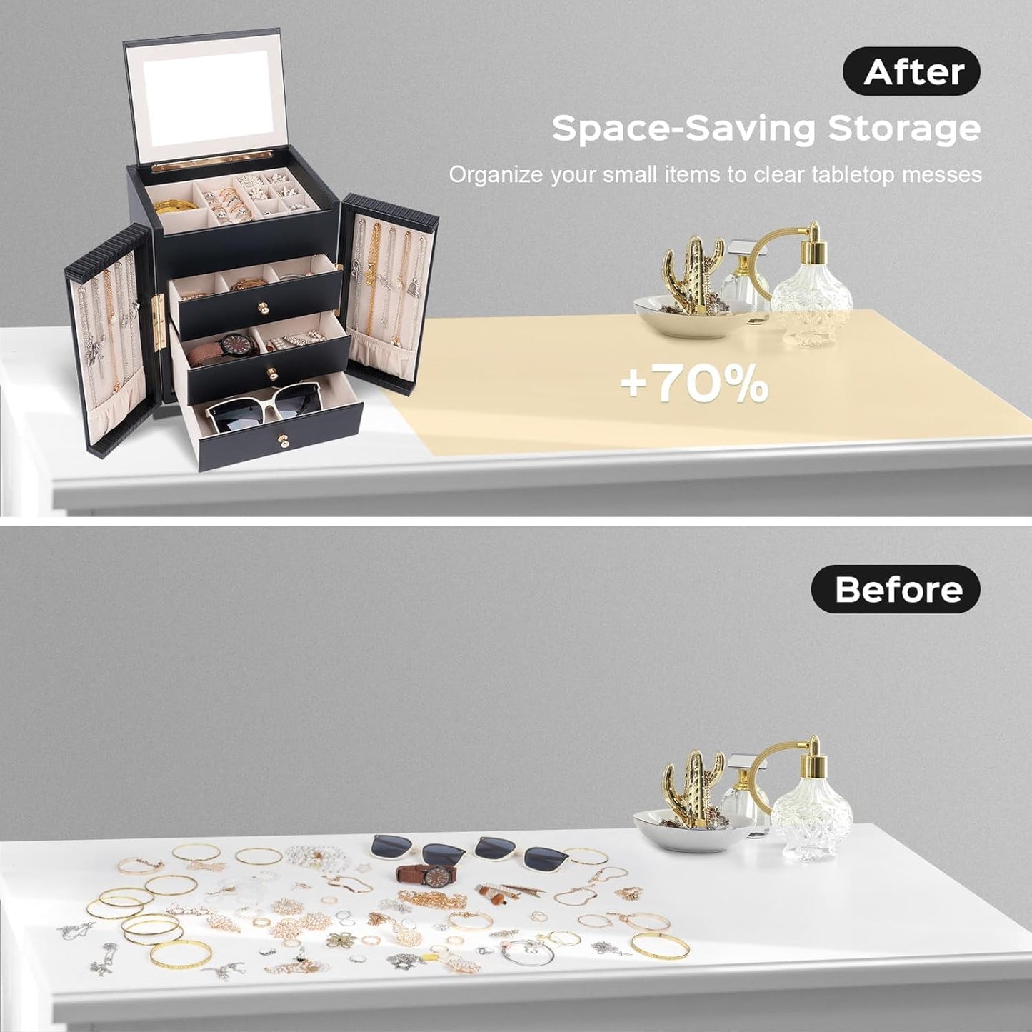 Large Jewelry Box for Women, Jewelry Organizer Box with 3 Drawers, Jewelry Storage Organizer with Mirror