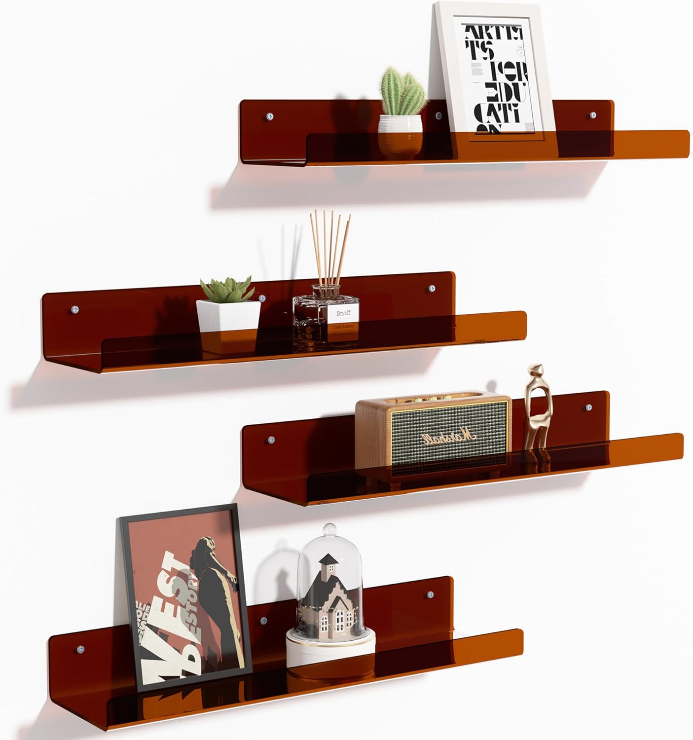 Acrylic Shelves for Bathroom Storage, 15" Floating Shelves Wall Organizer, 4 Pack