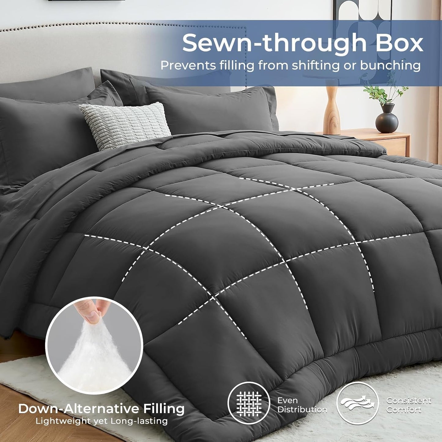 Queen Comforter Set, 7 count Bed in a Bag Queen,  Dark Grey