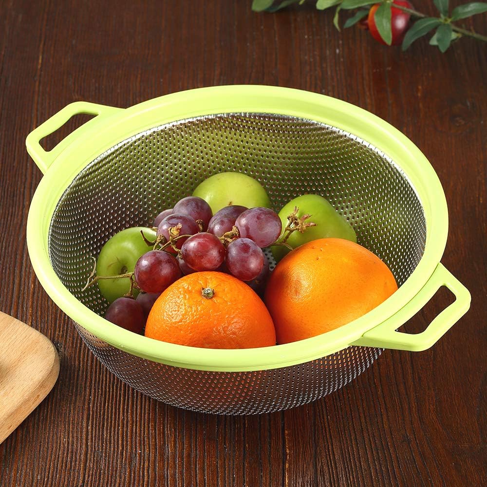 Stainless Steel Colander With Handle and Legs, Large Metal Green Strainer for Pasta