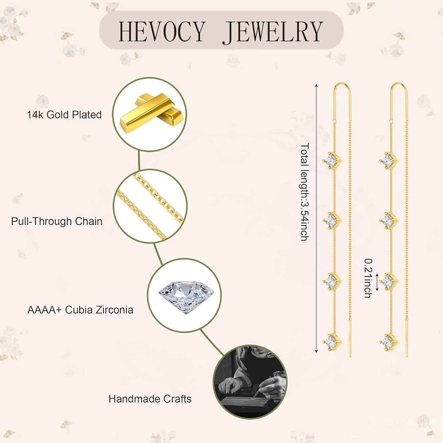 Dangle Threader Earrings for Women: Dainty 14k Gold Plated Drop Long Chain Earrings Trendy  Non Tarnish Elegant Cubic