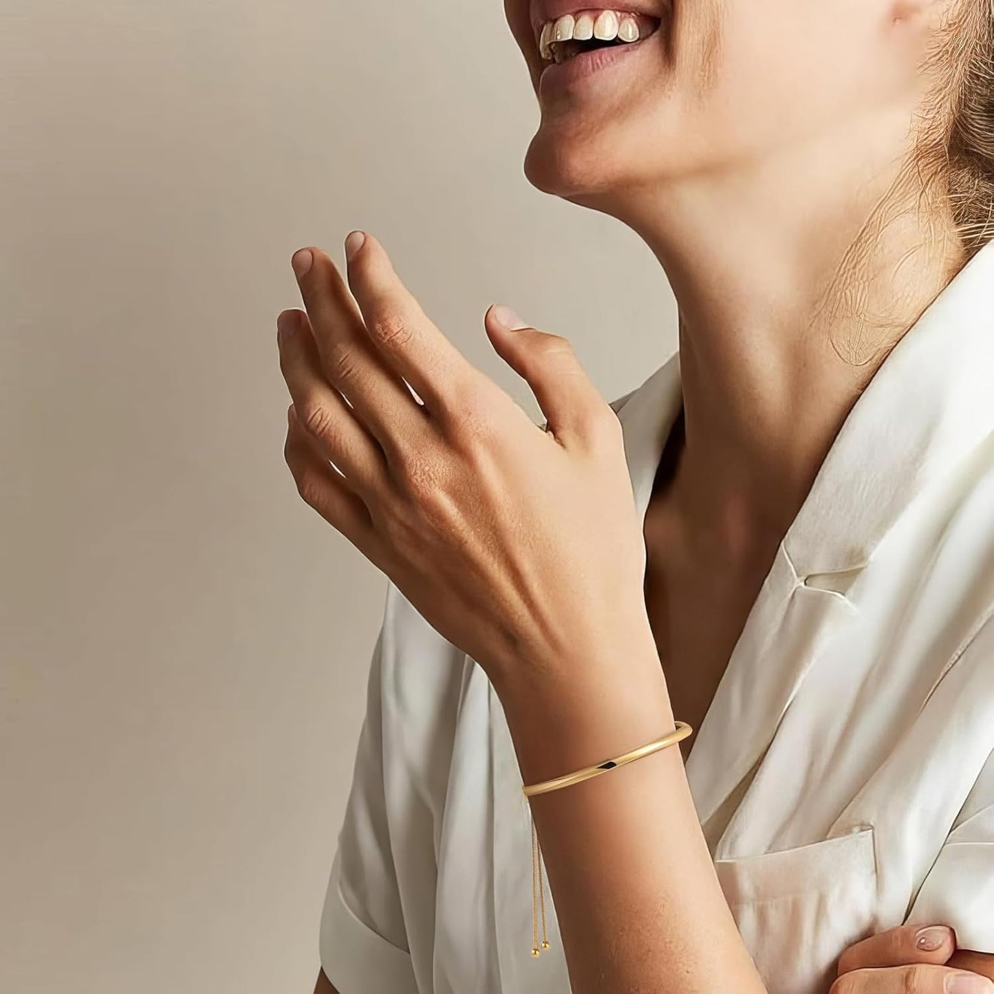 Yowivon Dainty 14K Gold Plated Bracelets for Women, Adjustable Slider Cuff Bangle Bracelets, Gold Curved Bar Hammered Bangle