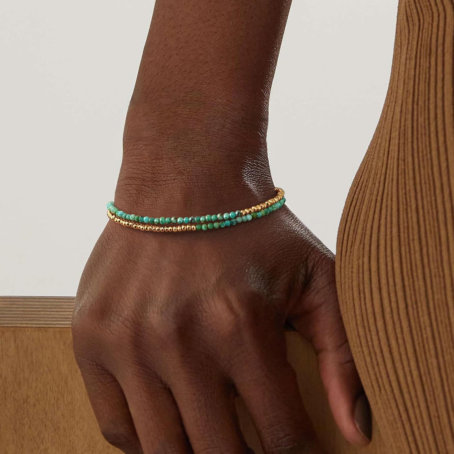 Women Beaded Bracelet Gold Double Layer Gemstone 14K Simple Dainty Handmade Chain Everyday Boho Beach Jewelry