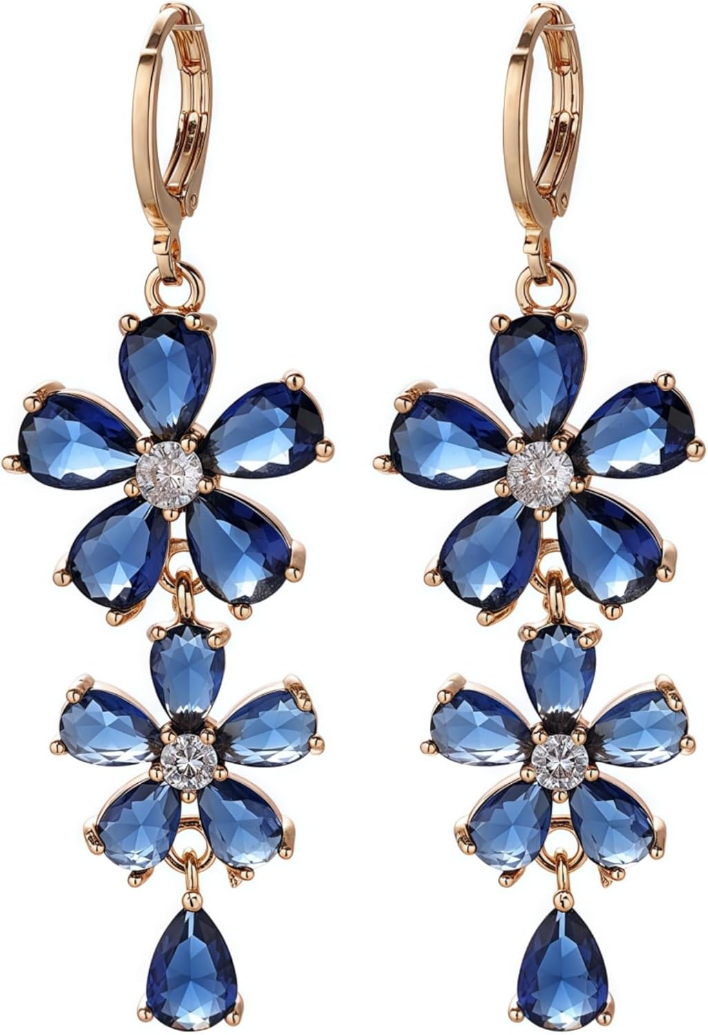 Vuskdtei18K Gold Plated Flower Dangle Earrings for Women, Hypoallergenic Cubic Zirconia Earrings, Elegant Chandelier Drop Earrings