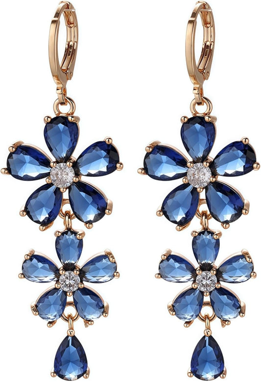 Vuskdtei18K Gold Plated Flower Dangle Earrings for Women, Hypoallergenic Cubic Zirconia Earrings, Elegant Chandelier Drop Earrings