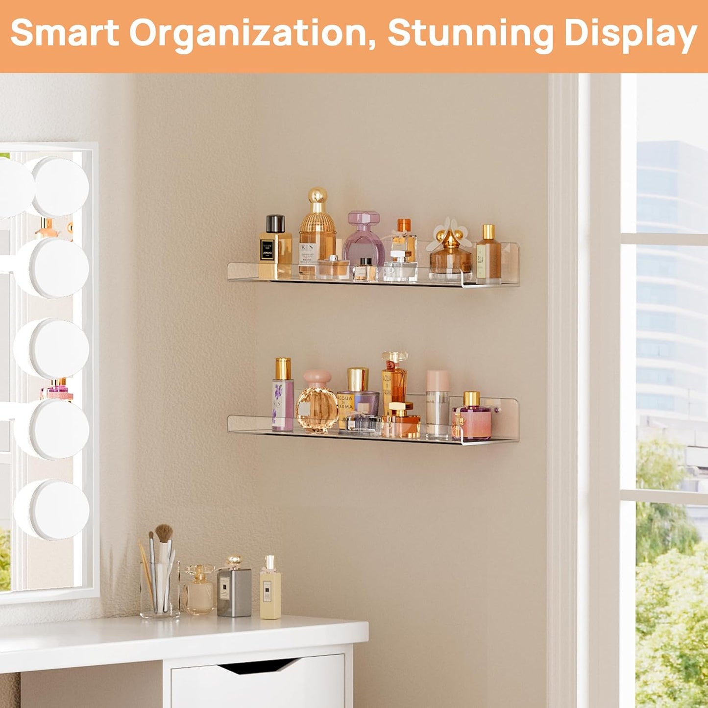 Acrylic Shelves for Bathroom Storage, 15" Floating Shelves Wall Organizer, 2 Pack