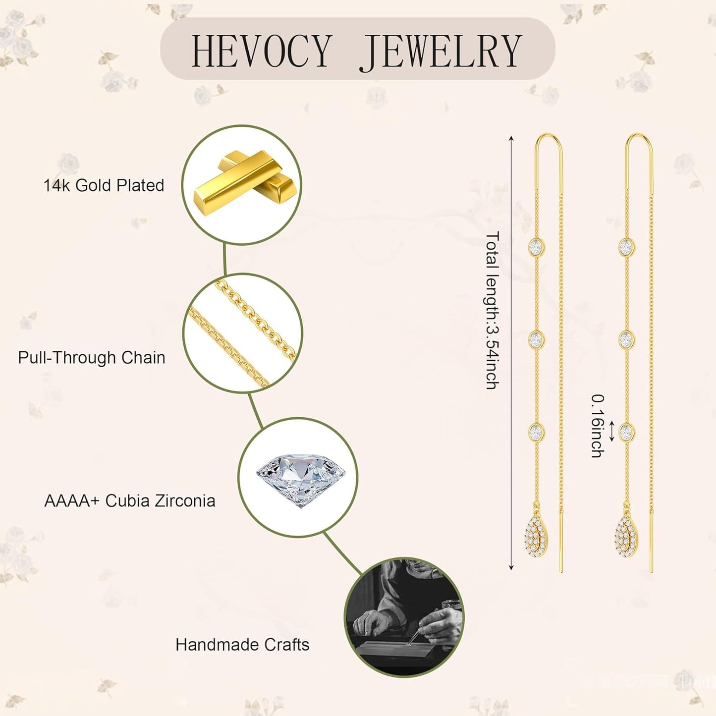 Dangle Threader Earrings for Women: Dainty 14k Gold Plated Drop Long Chain Earrings Trendy  Non Tarnish Elegant Cubic