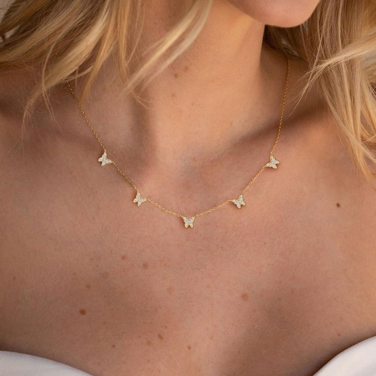 Diamond Necklaces for Women - 14K Dainty Necklace for Women Simple Five Diamond Flower Clover Butterfly Heart Star Necklace Trendy Gold Jewelry