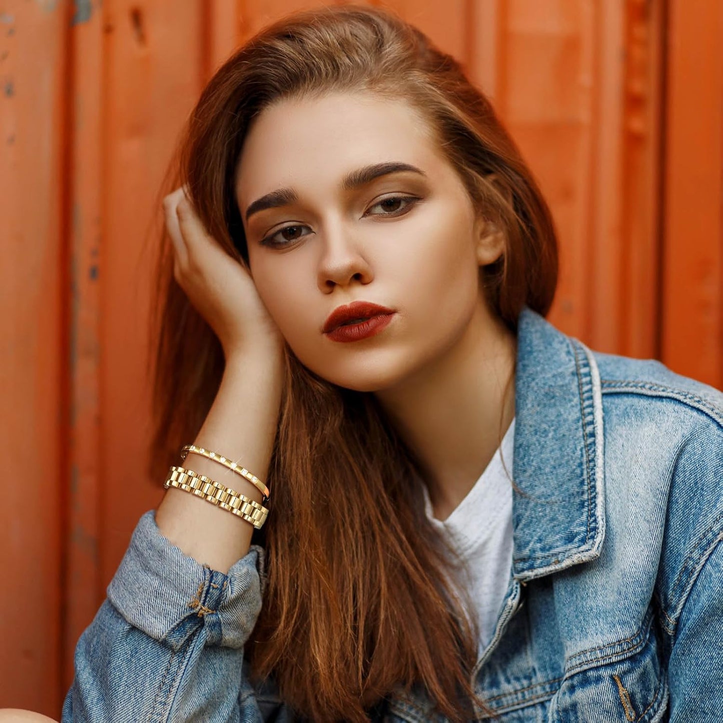 2pcs Gold Chain Link Bracelet, Stainless Steel Crystal Friendship Bracelets Bangle,Watch Band Chains Wristband
