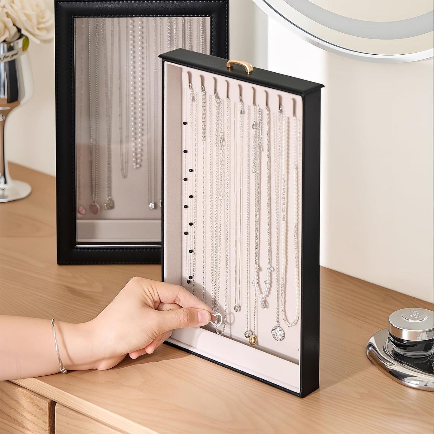 Necklace Organizer Box, 2-Layer Jewelry Storage Boxes with Clear Lid, Tangle-Necklace Display Case