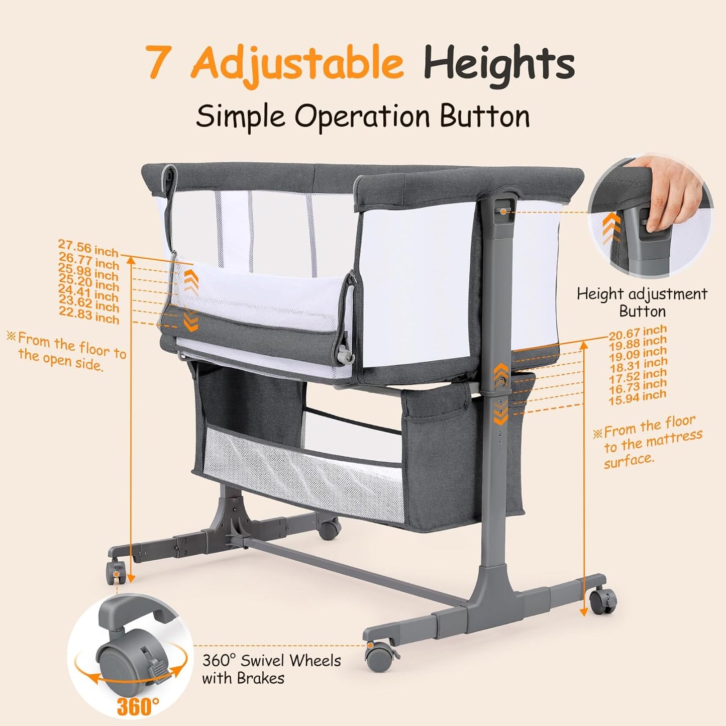 Adjustable 7 Heights and All Mesh Sides,Bedside Bassinet for Baby, Portable Baby Bassinet Bedside Sleeper