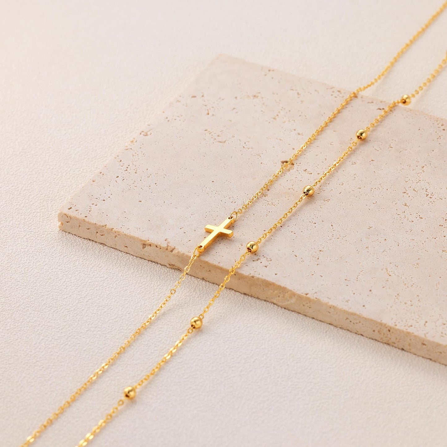 Dainty Layered Cross Necklace: 14K Gold Plated Real Silver Adjustable Choker Gift for Women and Teen Girls