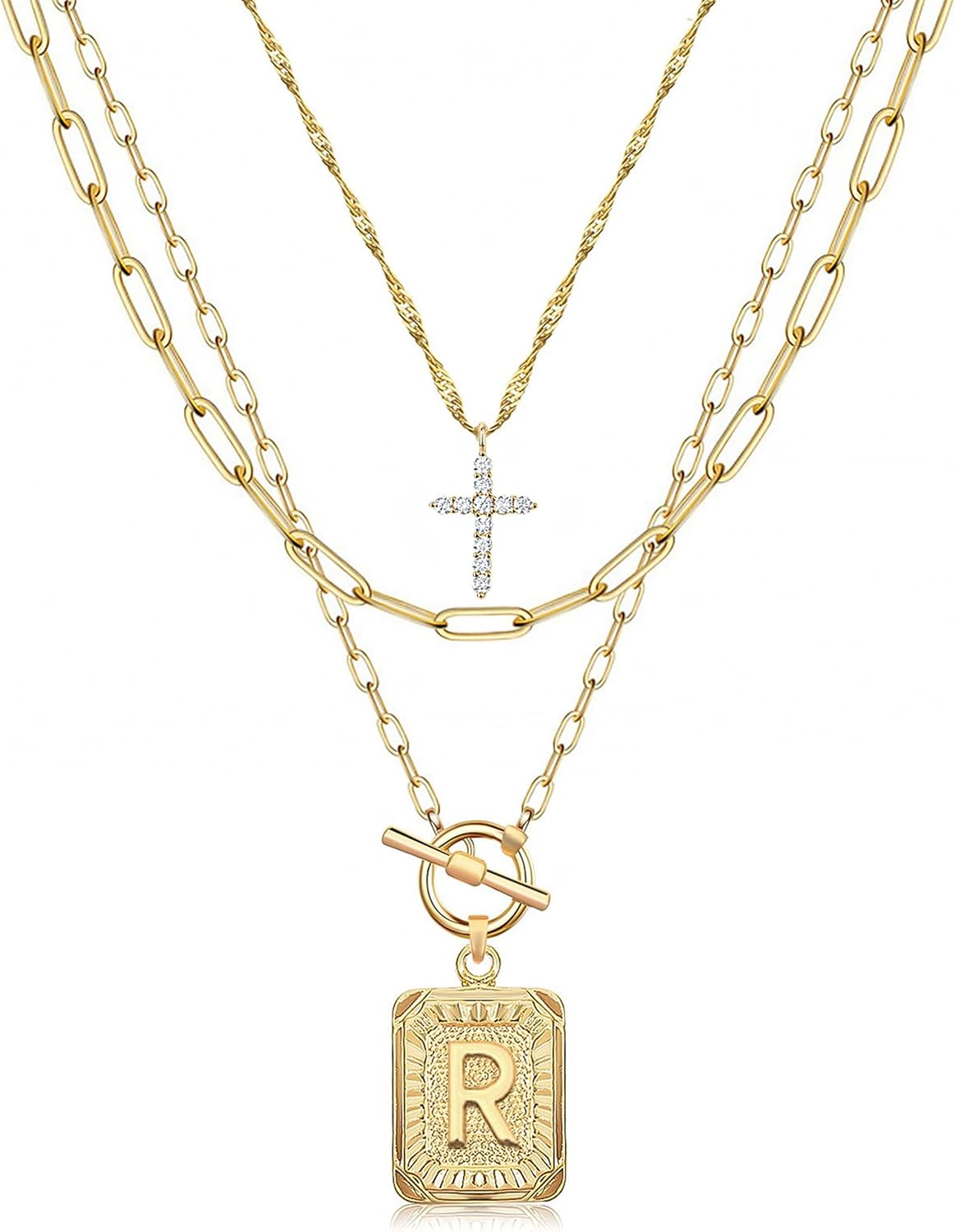 Layered Initial Necklace: 14K Gold Plated with Cross & Letter Pendant, Paperclip Chain, Trendy Jewelry for Women