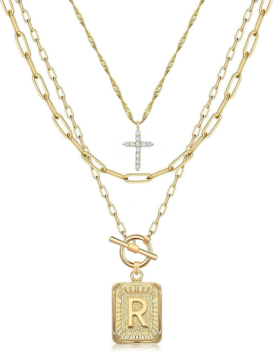 Layered Initial Necklace: 14K Gold Plated with Cross & Letter Pendant, Paperclip Chain, Trendy Jewelry for Women