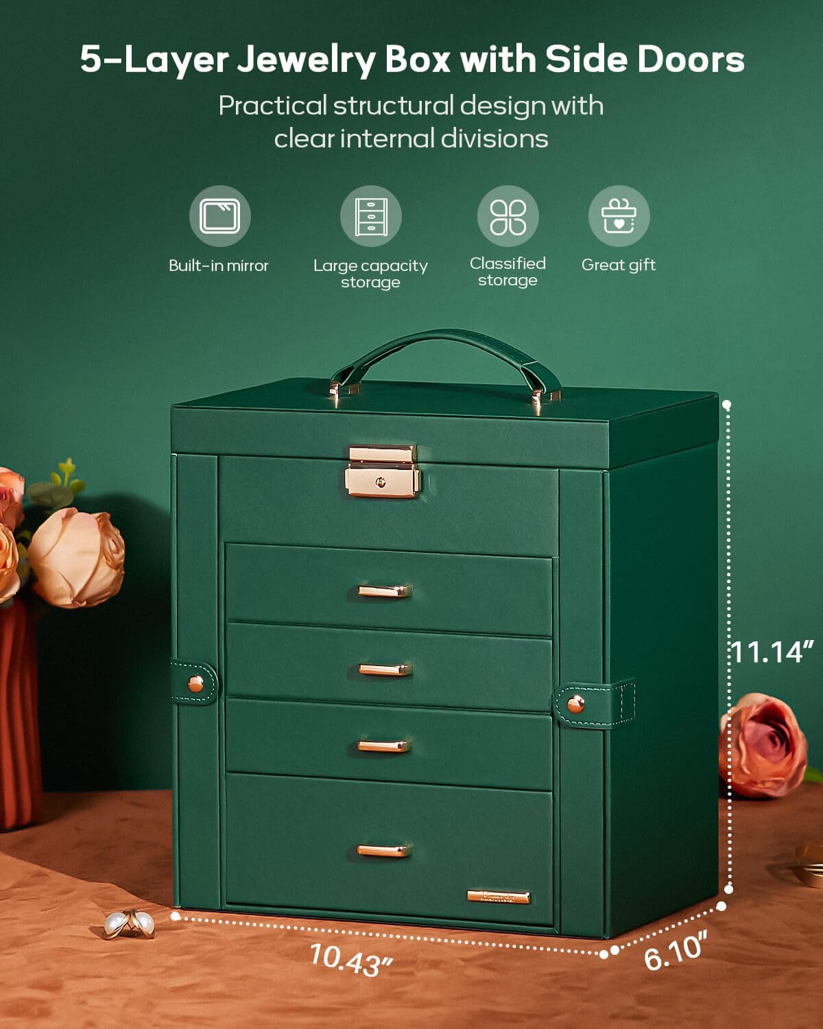 Synthetic Leather Huge Jewelry Box Mirrored Watch Organizer Necklace Ring Earring Storage Lockable
