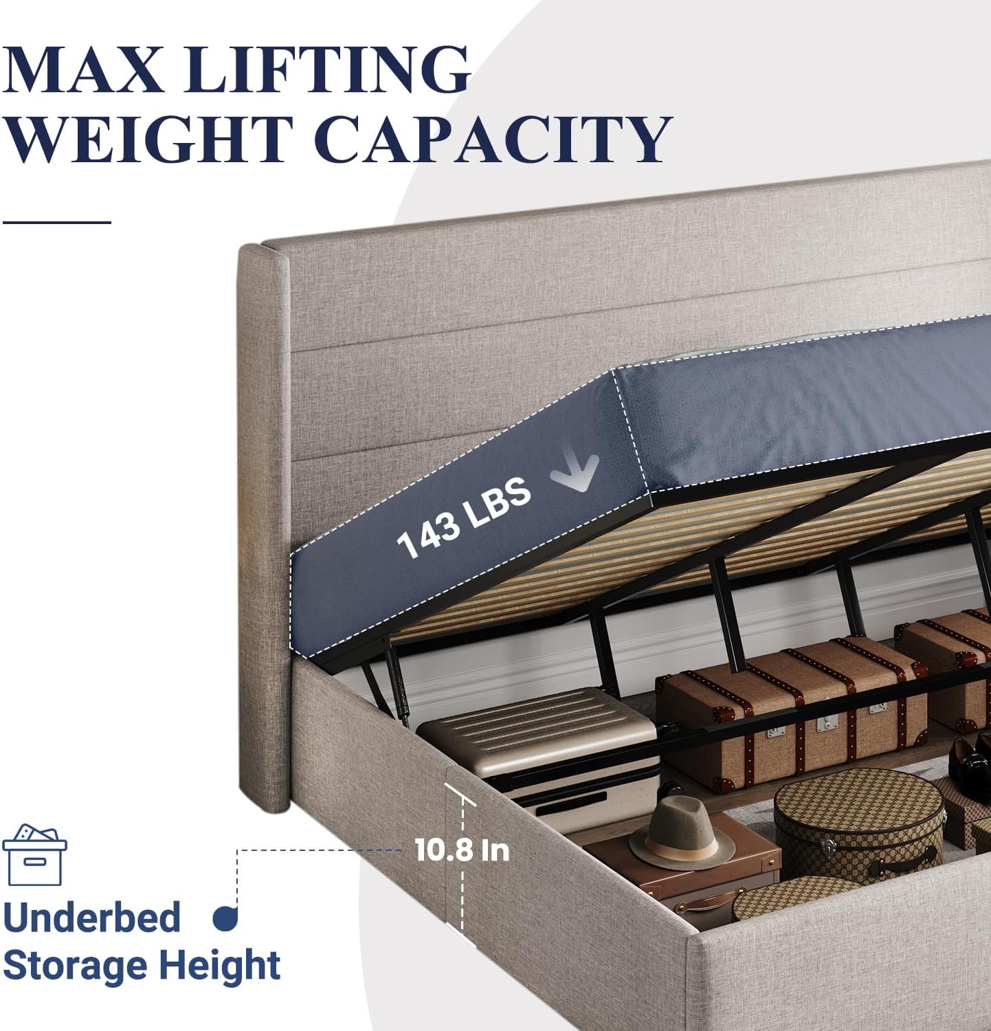 King Size Lift Up Storage Bed, Modern Wingback Headboard, Hydraulic Support, No Box Spring Needed
