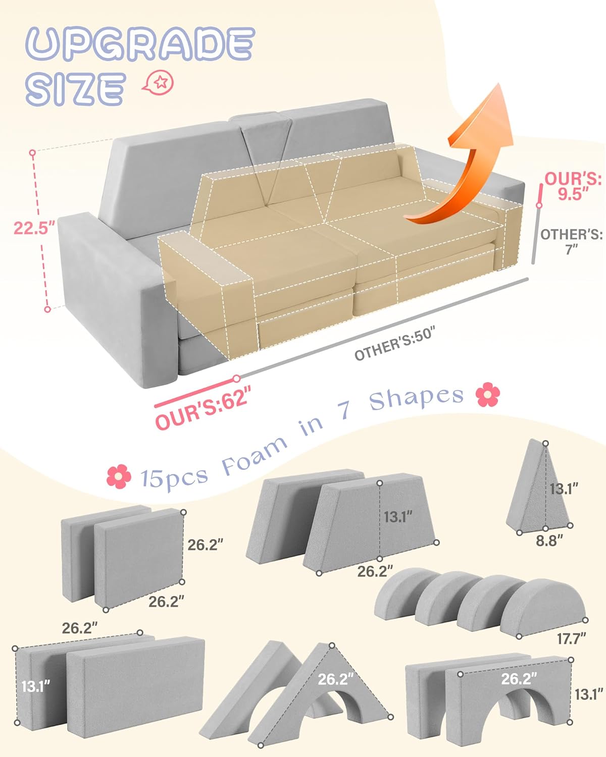 15pcs Modular Kids Sectional, Fort Building kit for Playroom Furniture, Kid Play Couches, Convertible Sofa for Boys & Girls