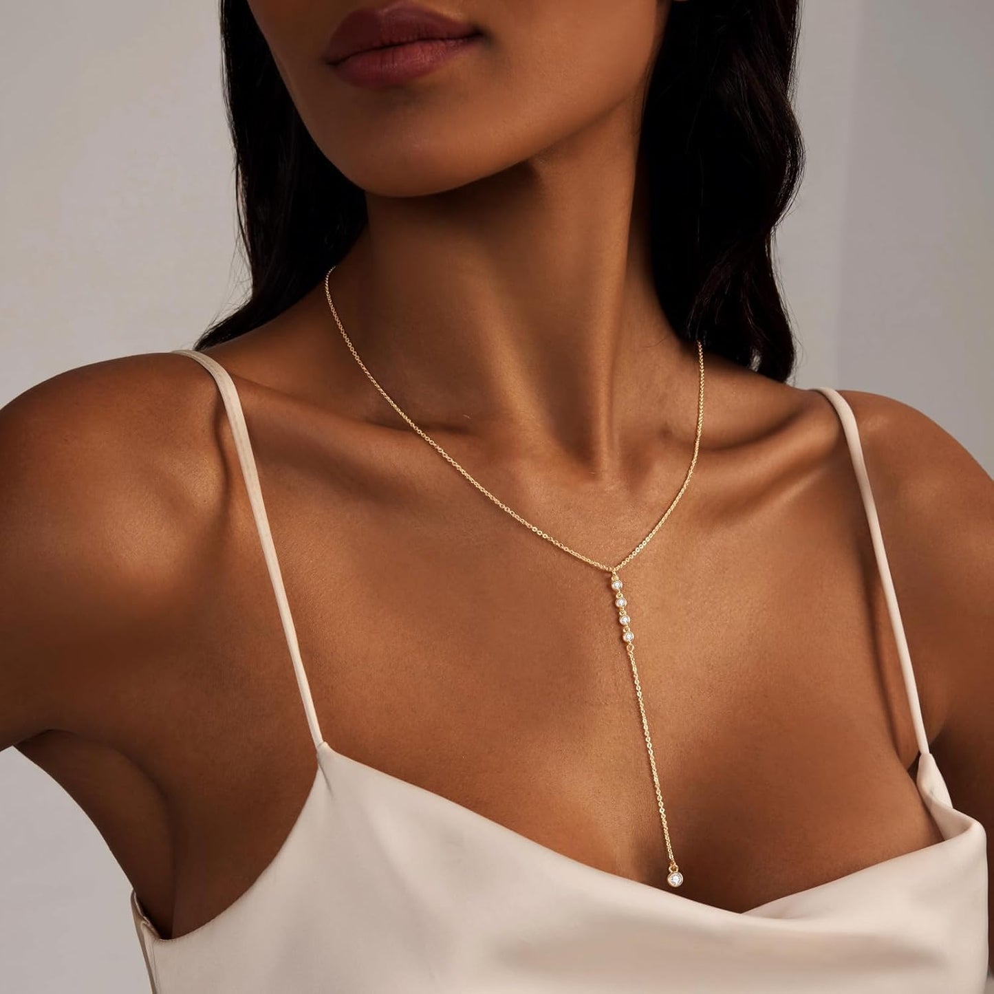 Lariat Gold Necklace for Women: Dainty 14K Gold Plated/Silver Y-Shaped Beaded Drop Chain, Trendy Gift