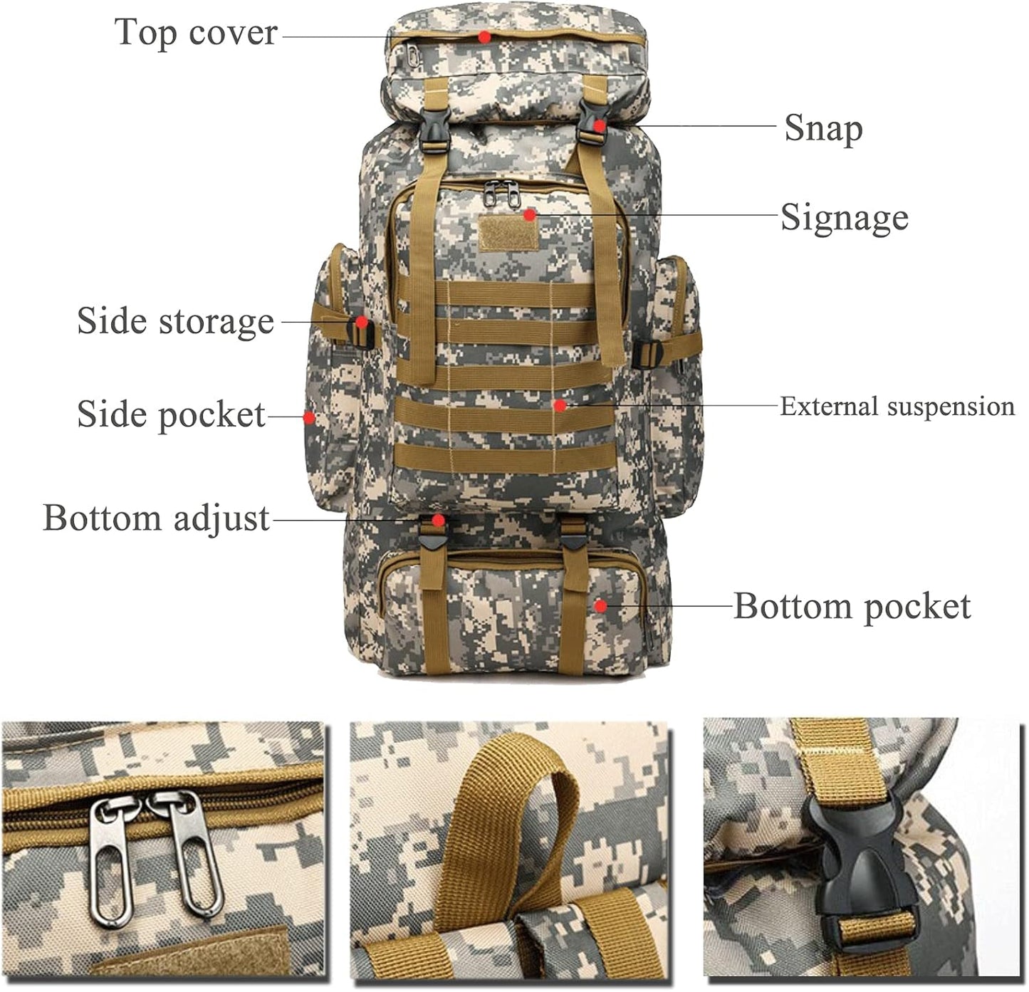 70L Hiking Backpack for Men, Waterproof Lightweight Camping Backpack, Military Rucksack with Molle